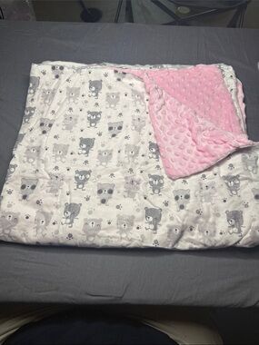 Reversible Pink and Gray Plush Baby Blanket with Animal Print